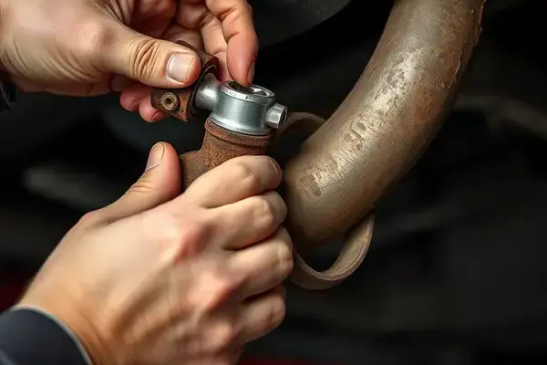 Mechanic removing rusted muffler clamp during repair service