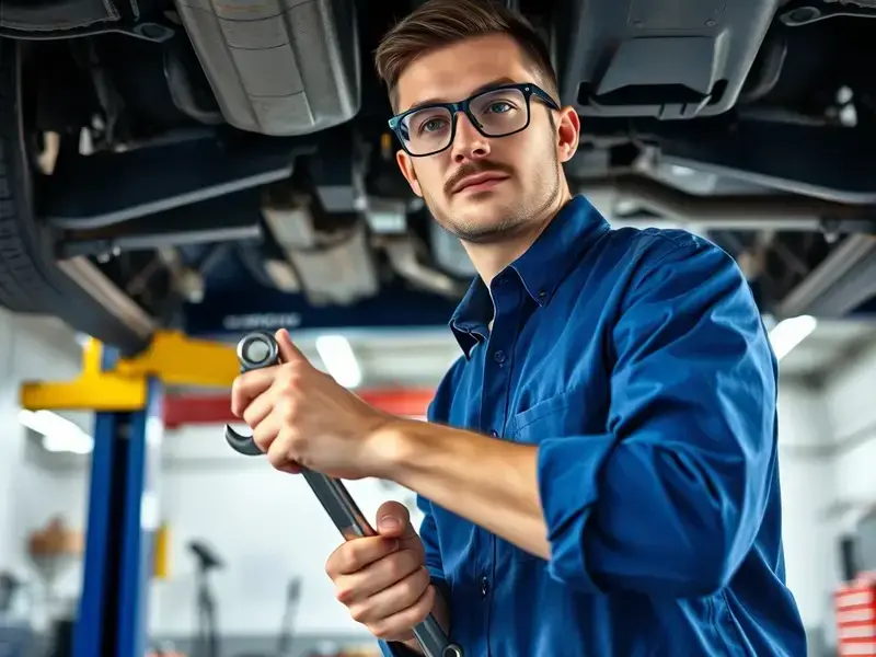 Muffler repair technician working on car