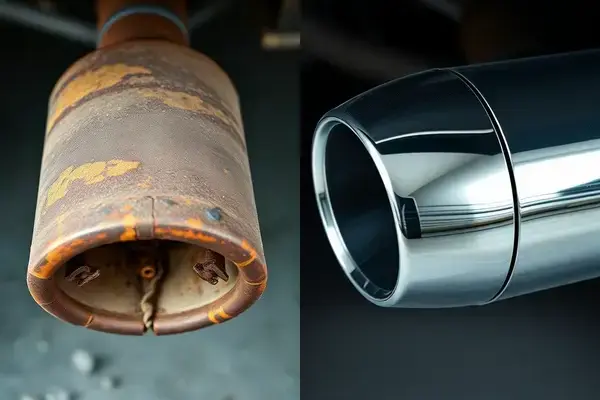 Old rusted muffler compared to new replacement