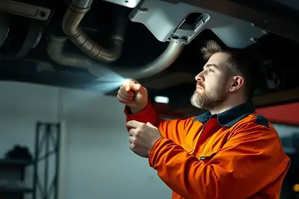 Mechanic inspecting exhaust pipe for rust and damage